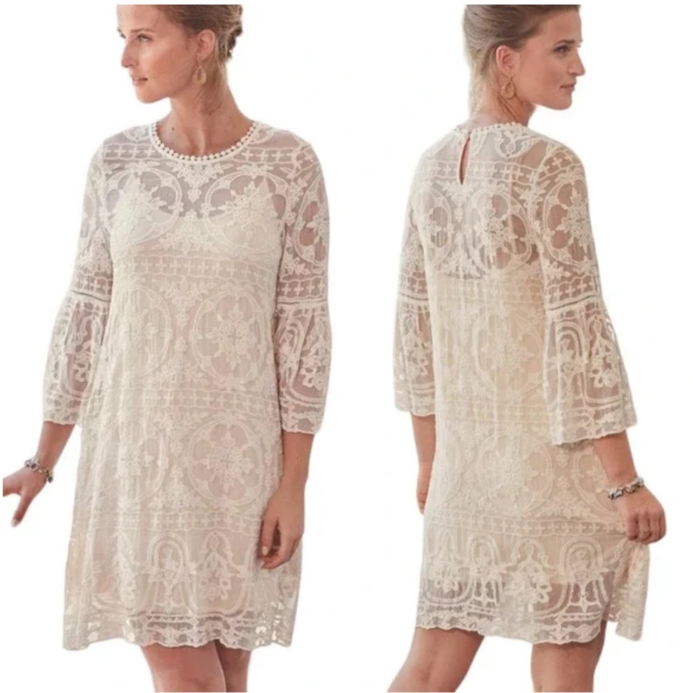 Sundance Mixed Lace Bell Sleeve Shift Dress Silk Cream Sheer Crochet Scallop S